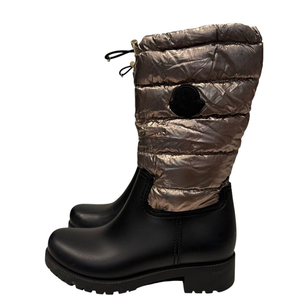 Moncler Black Rubber Boots with Metallic Taupe Quilted Shaft